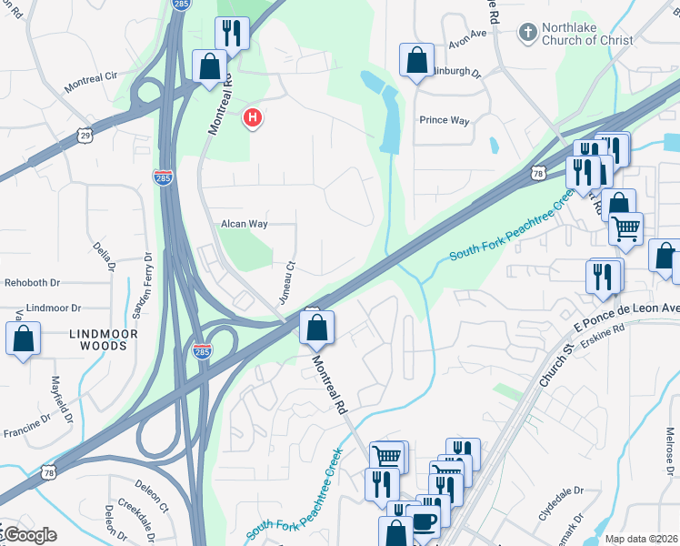 map of restaurants, bars, coffee shops, grocery stores, and more near 3533 Montreal Way in Tucker