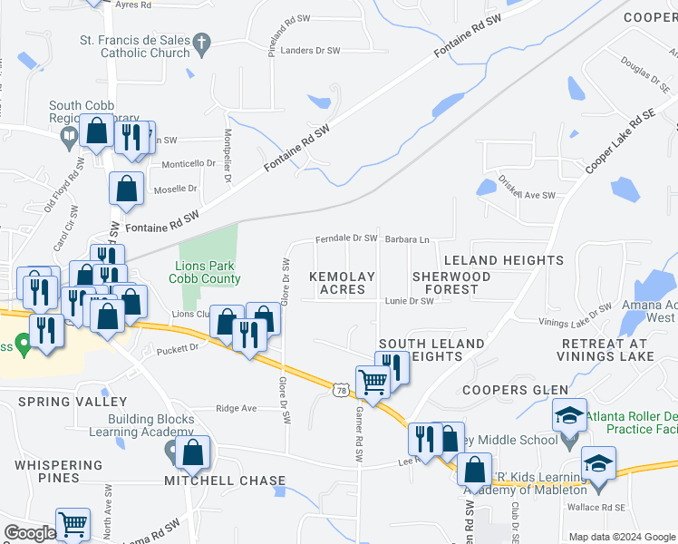 map of restaurants, bars, coffee shops, grocery stores, and more near 5480 Mollie Lane in Mableton
