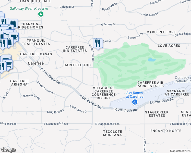 map of restaurants, bars, coffee shops, grocery stores, and more near 36601 Mule Train Road in Carefree