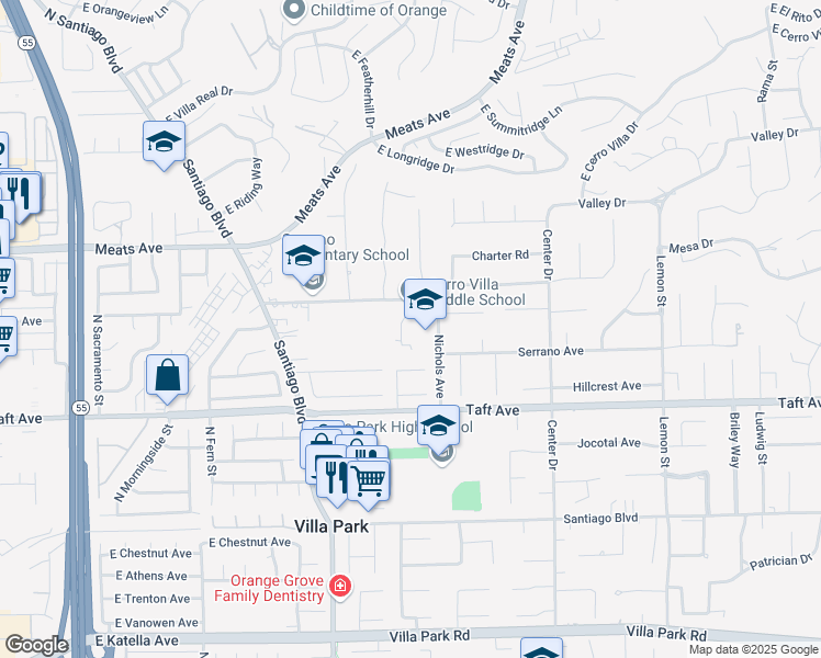 map of restaurants, bars, coffee shops, grocery stores, and more near 17852 Serrano Avenue in Villa Park