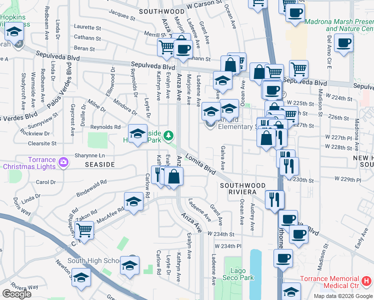 map of restaurants, bars, coffee shops, grocery stores, and more near 22903 Marjorie Avenue in Torrance