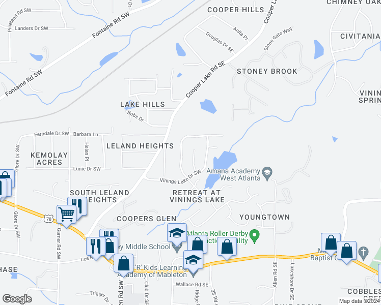 map of restaurants, bars, coffee shops, grocery stores, and more near 5454 Vinings Lake Way Southwest in Mableton