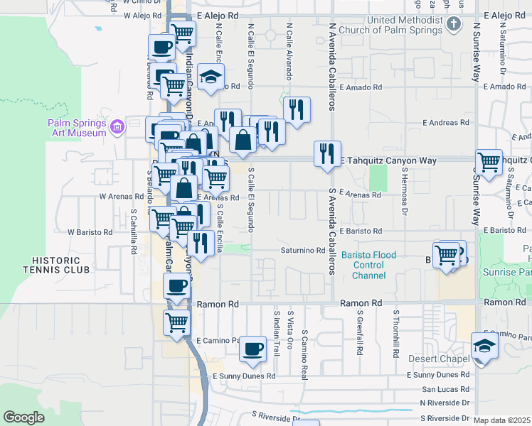 map of restaurants, bars, coffee shops, grocery stores, and more near 683 East Arenas Road in Palm Springs