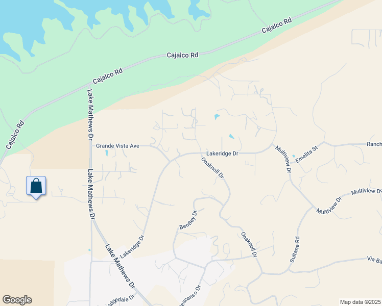 map of restaurants, bars, coffee shops, grocery stores, and more near Lakeridge Drive in Lake Mathews