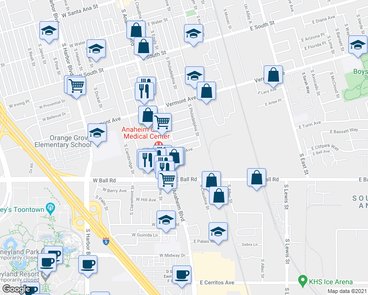 map of restaurants, bars, coffee shops, grocery stores, and more near 200 East Charlotte Avenue in Anaheim