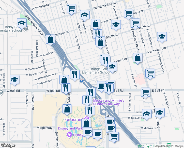 map of restaurants, bars, coffee shops, grocery stores, and more near 920 South Citron Street in Anaheim