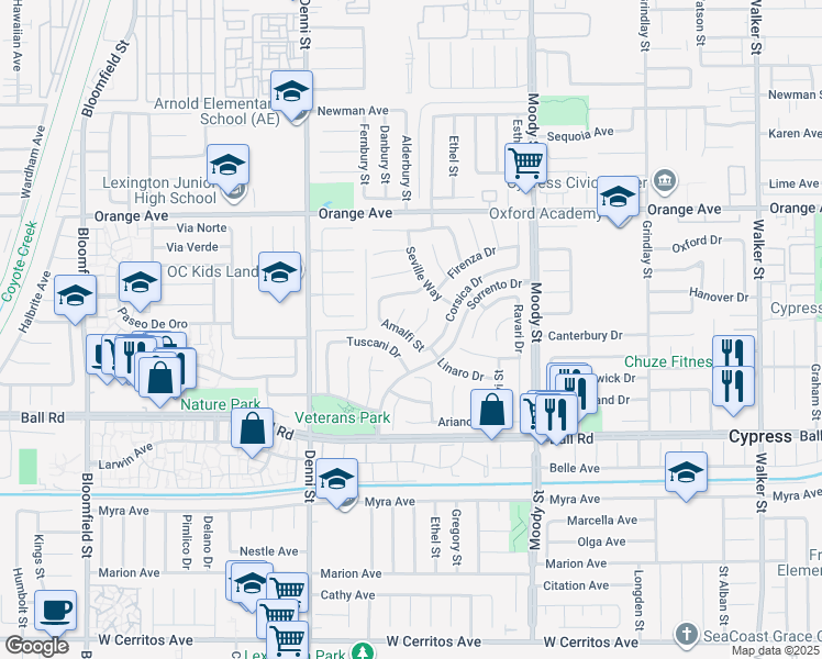map of restaurants, bars, coffee shops, grocery stores, and more near 9744 Lipari Circle in Cypress