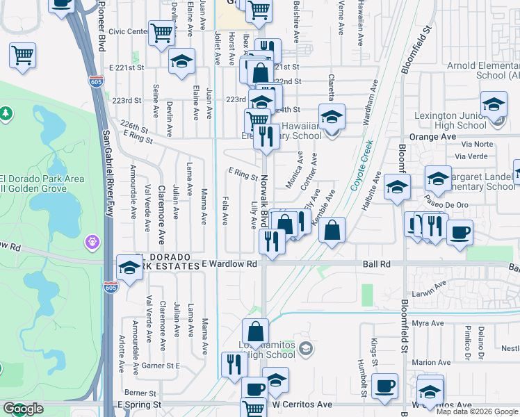 map of restaurants, bars, coffee shops, grocery stores, and more near 3481 Lilly Avenue in Long Beach