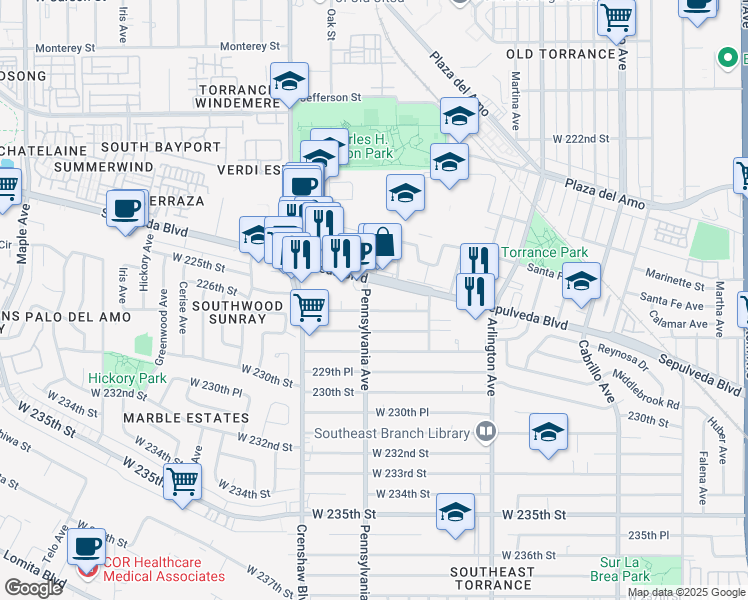 map of restaurants, bars, coffee shops, grocery stores, and more near 2350 Sepulveda Boulevard in Torrance