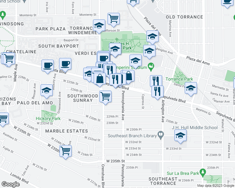 map of restaurants, bars, coffee shops, grocery stores, and more near 2421 West 227th Street in Torrance