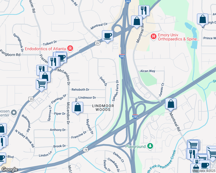map of restaurants, bars, coffee shops, grocery stores, and more near 1571 Delia Drive in Decatur