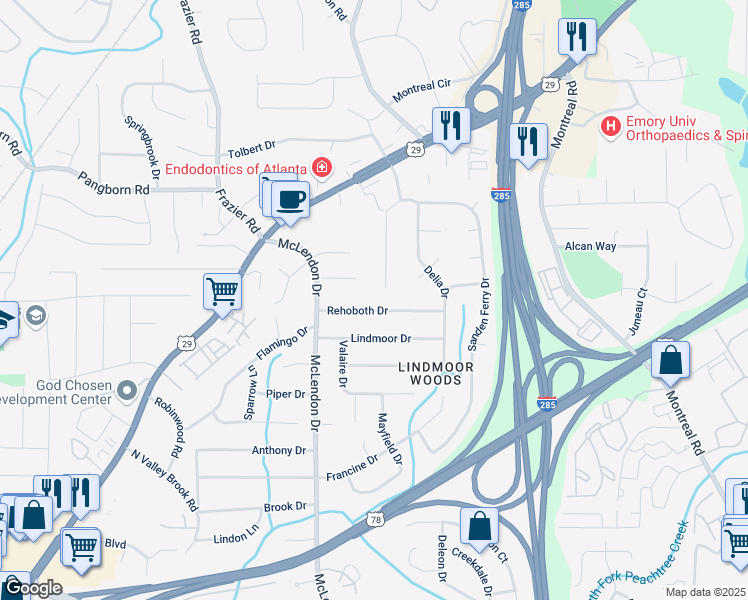 map of restaurants, bars, coffee shops, grocery stores, and more near 3200 Rehoboth Drive in Decatur