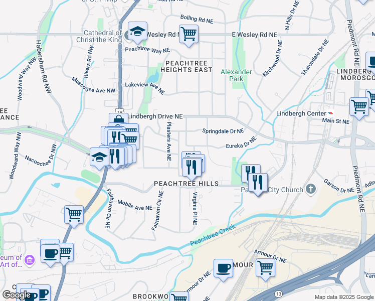 map of restaurants, bars, coffee shops, grocery stores, and more near 181 Eureka Drive Northeast in Atlanta