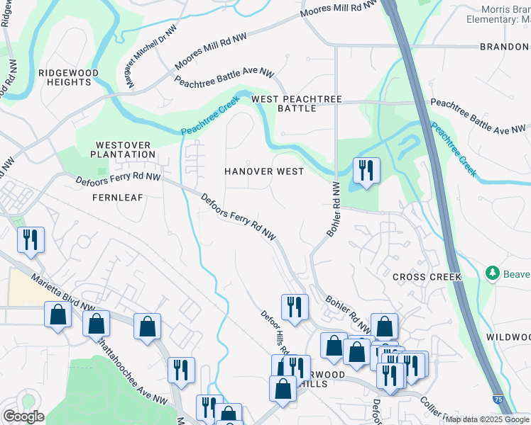 map of restaurants, bars, coffee shops, grocery stores, and more near 2375 Hyde Park Court in Atlanta