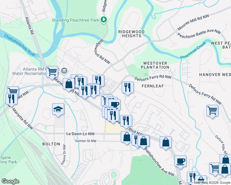 map of restaurants, bars, coffee shops, grocery stores, and more near 2834 Defoors Ferry Road Northwest in Atlanta