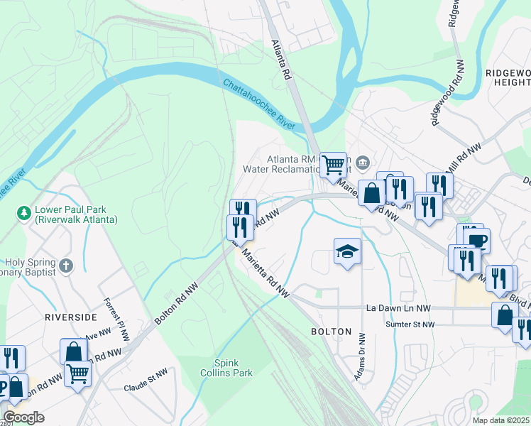 map of restaurants, bars, coffee shops, grocery stores, and more near 2356 Bolton Road Northwest in Atlanta