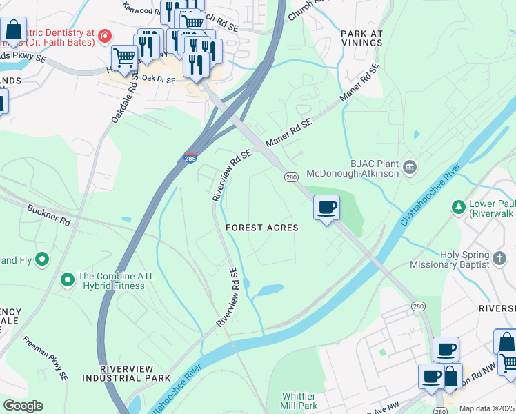 map of restaurants, bars, coffee shops, grocery stores, and more near 2341 Elmwood Circle Southeast in Atlanta