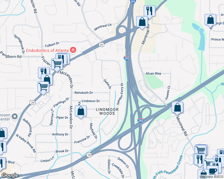 map of restaurants, bars, coffee shops, grocery stores, and more near 1571 Delia Drive in Decatur