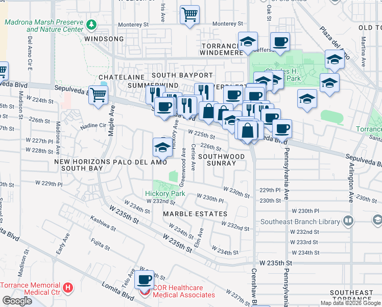 map of restaurants, bars, coffee shops, grocery stores, and more near 22627 Cerise Avenue in Torrance