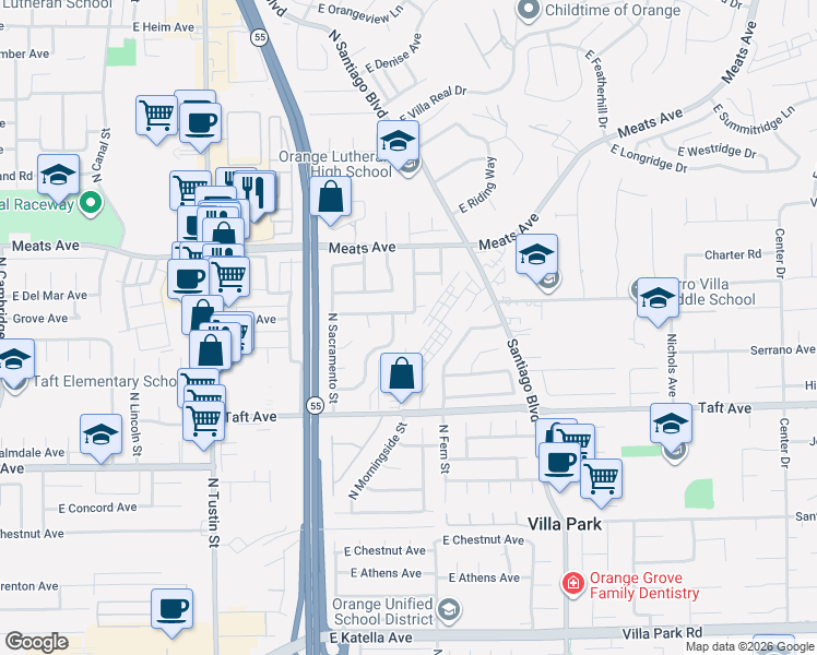 map of restaurants, bars, coffee shops, grocery stores, and more near 2404 Grove Avenue in Orange