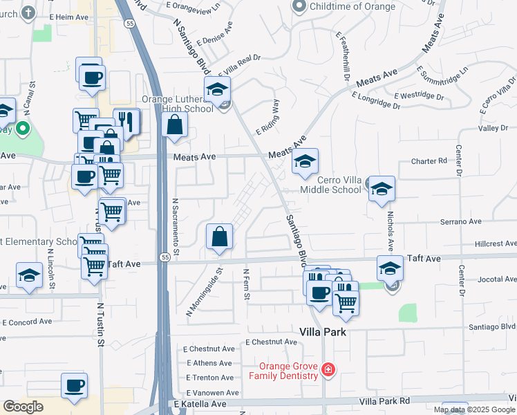 map of restaurants, bars, coffee shops, grocery stores, and more near 1972 North Fern Street in Orange