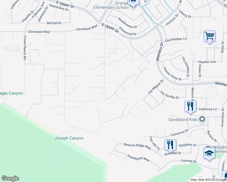 map of restaurants, bars, coffee shops, grocery stores, and more near 4048 Shady Ridge Drive in Corona