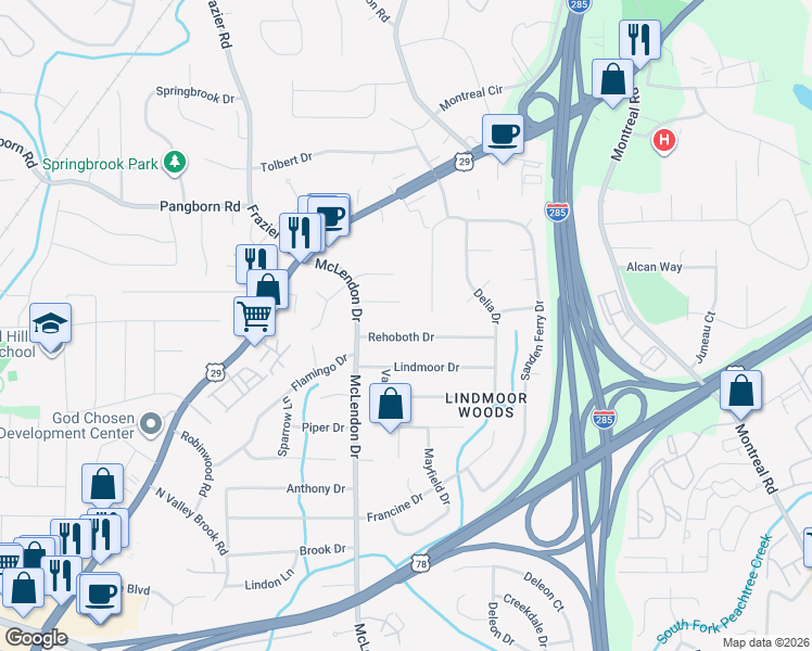 map of restaurants, bars, coffee shops, grocery stores, and more near 3188 Rehoboth Dr in Decatur
