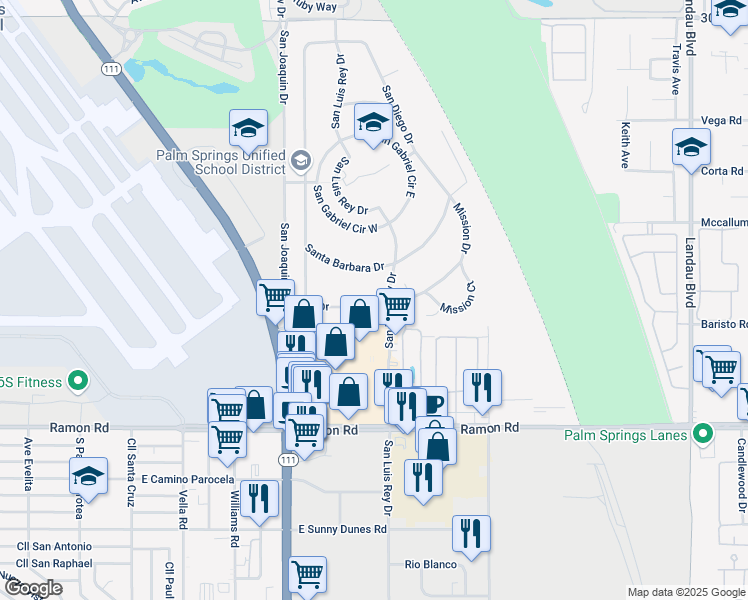 map of restaurants, bars, coffee shops, grocery stores, and more near 67218 Mission Drive in Cathedral City