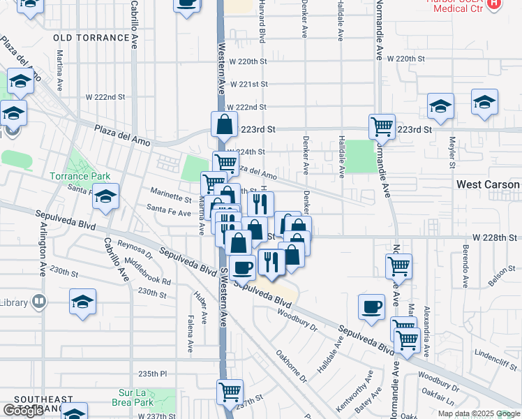 map of restaurants, bars, coffee shops, grocery stores, and more near 1601 West 227th Street in Torrance