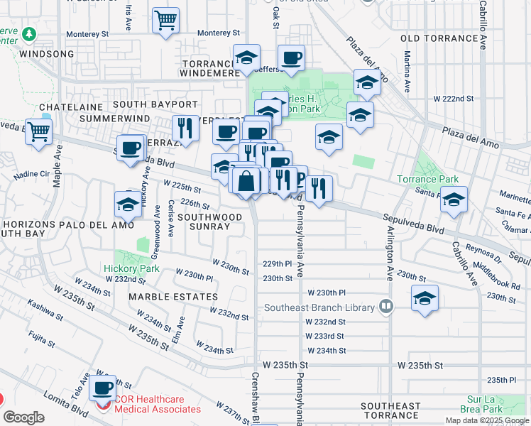 map of restaurants, bars, coffee shops, grocery stores, and more near 22600 Crenshaw Boulevard in Torrance