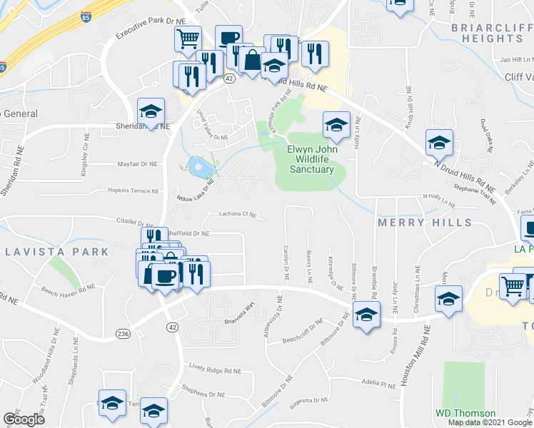 map of restaurants, bars, coffee shops, grocery stores, and more near 1488 Lachona Court Northeast in Atlanta
