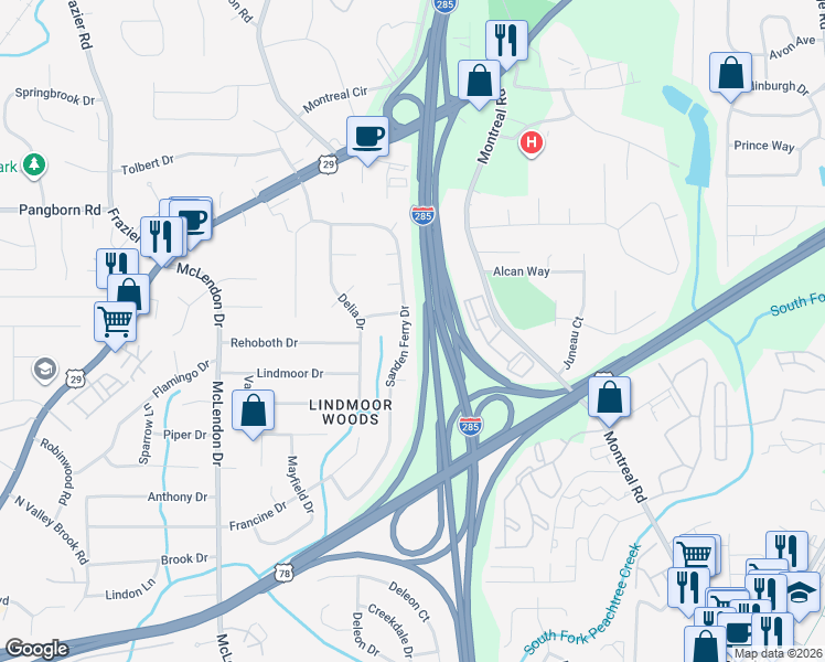 map of restaurants, bars, coffee shops, grocery stores, and more near 1372 Sanden Ferry Drive in Decatur