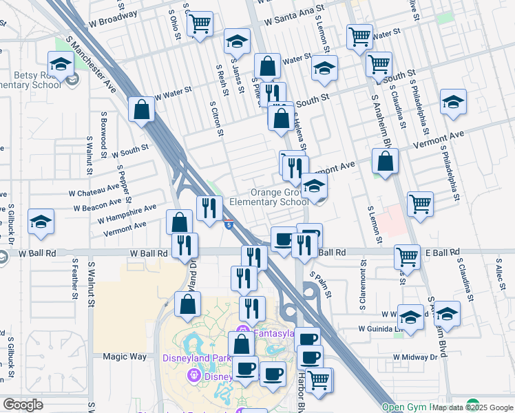map of restaurants, bars, coffee shops, grocery stores, and more near 920 S Citron St in Anaheim