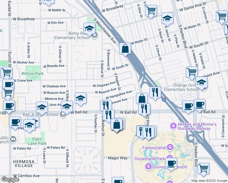 map of restaurants, bars, coffee shops, grocery stores, and more near 1178 West Beacon Avenue in Anaheim