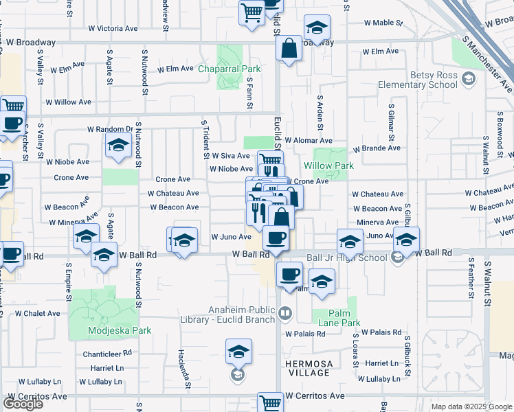 map of restaurants, bars, coffee shops, grocery stores, and more near 1725 West Beacon Avenue in Anaheim
