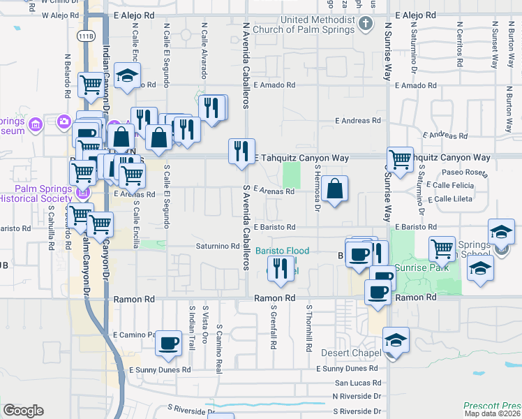 map of restaurants, bars, coffee shops, grocery stores, and more near 280 South Avenida Caballeros in Palm Springs