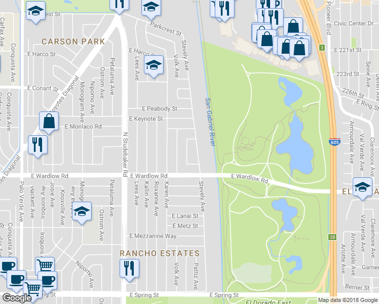 map of restaurants, bars, coffee shops, grocery stores, and more near 3488 Shipway Avenue in Long Beach