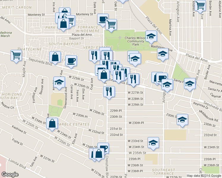 map of restaurants, bars, coffee shops, grocery stores, and more near 22600 Crenshaw Boulevard in Torrance