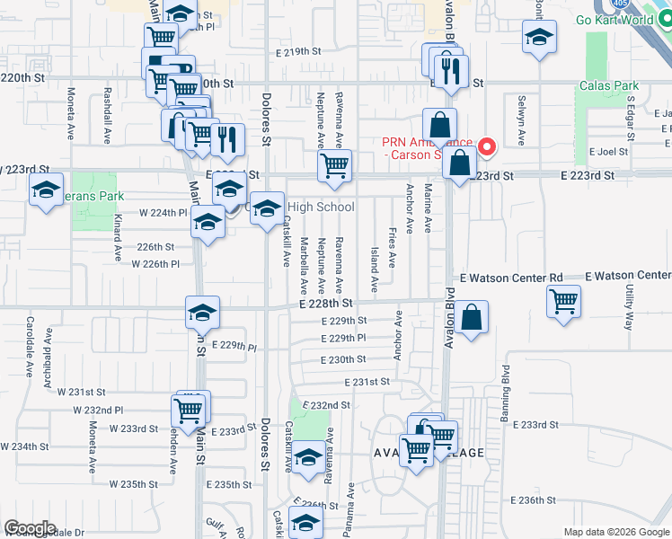 map of restaurants, bars, coffee shops, grocery stores, and more near 22633 Ravenna Avenue in Carson