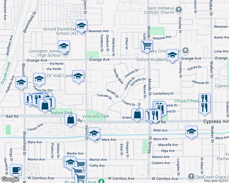 map of restaurants, bars, coffee shops, grocery stores, and more near 9744 Lipari Circle in Cypress