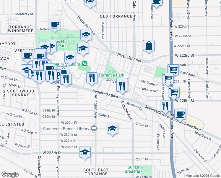 map of restaurants, bars, coffee shops, grocery stores, and more near 2740 Gramercy Avenue in Torrance