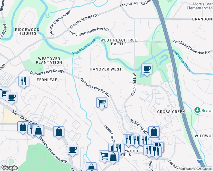 map of restaurants, bars, coffee shops, grocery stores, and more near 2375 Hyde Park Court in Atlanta