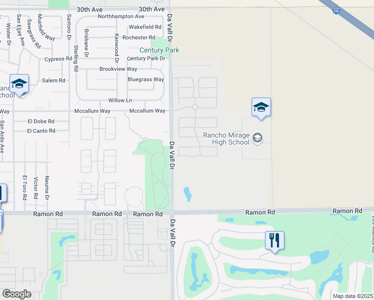 map of restaurants, bars, coffee shops, grocery stores, and more near 190 Via San Lucia in Rancho Mirage