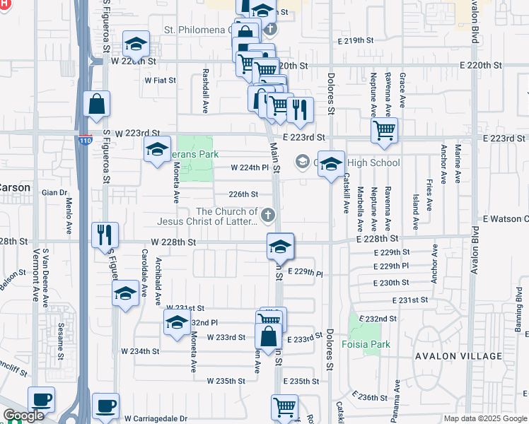 map of restaurants, bars, coffee shops, grocery stores, and more near 118 West 226th Place in Carson