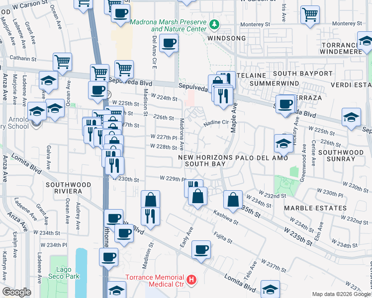 map of restaurants, bars, coffee shops, grocery stores, and more near 22843 Nadine Circle in Torrance