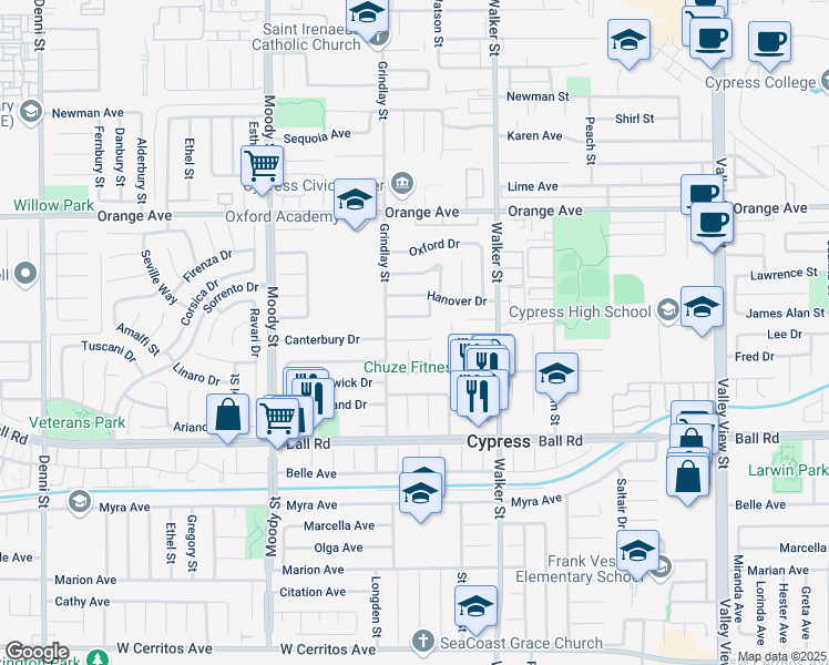 map of restaurants, bars, coffee shops, grocery stores, and more near 5325 Canterbury Drive in Cypress