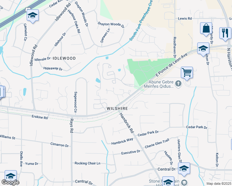 map of restaurants, bars, coffee shops, grocery stores, and more near 1366 Kingsgate Drive in Stone Mountain