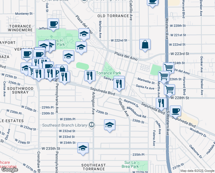 map of restaurants, bars, coffee shops, grocery stores, and more near 2740 Gramercy Avenue in Torrance