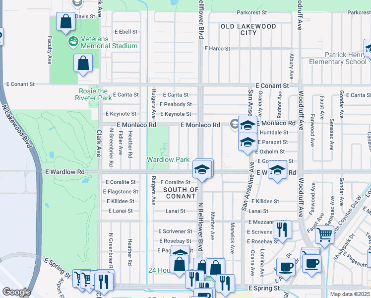map of restaurants, bars, coffee shops, grocery stores, and more near 3455 Montair Ave in Long Beach