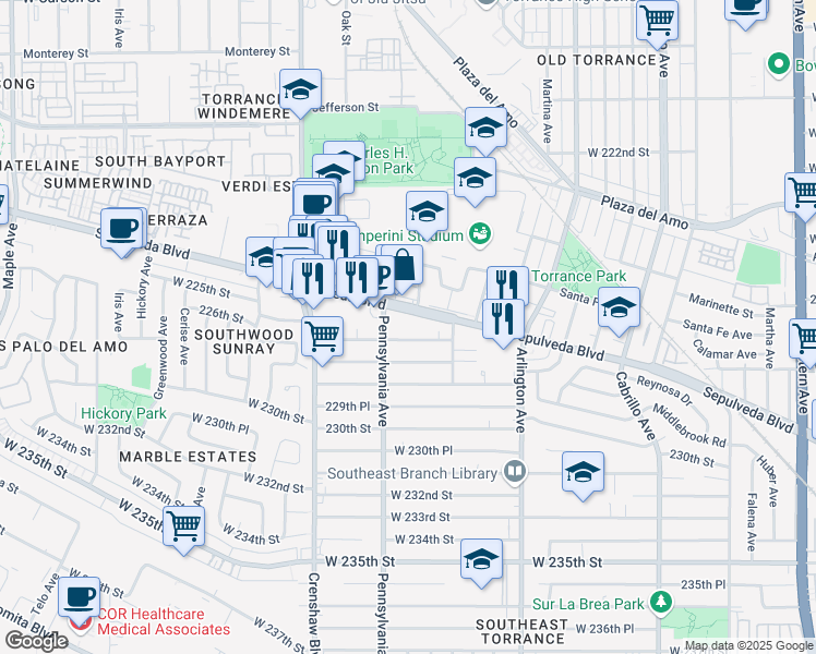 map of restaurants, bars, coffee shops, grocery stores, and more near 2350 Sepulveda Boulevard in Torrance